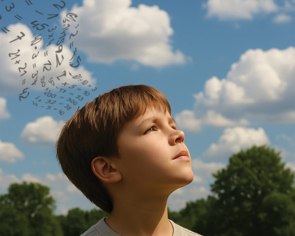 a young child with math equations floating out of his head